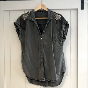 Seta, size L, blouse.  Charcoal gray with tassels.